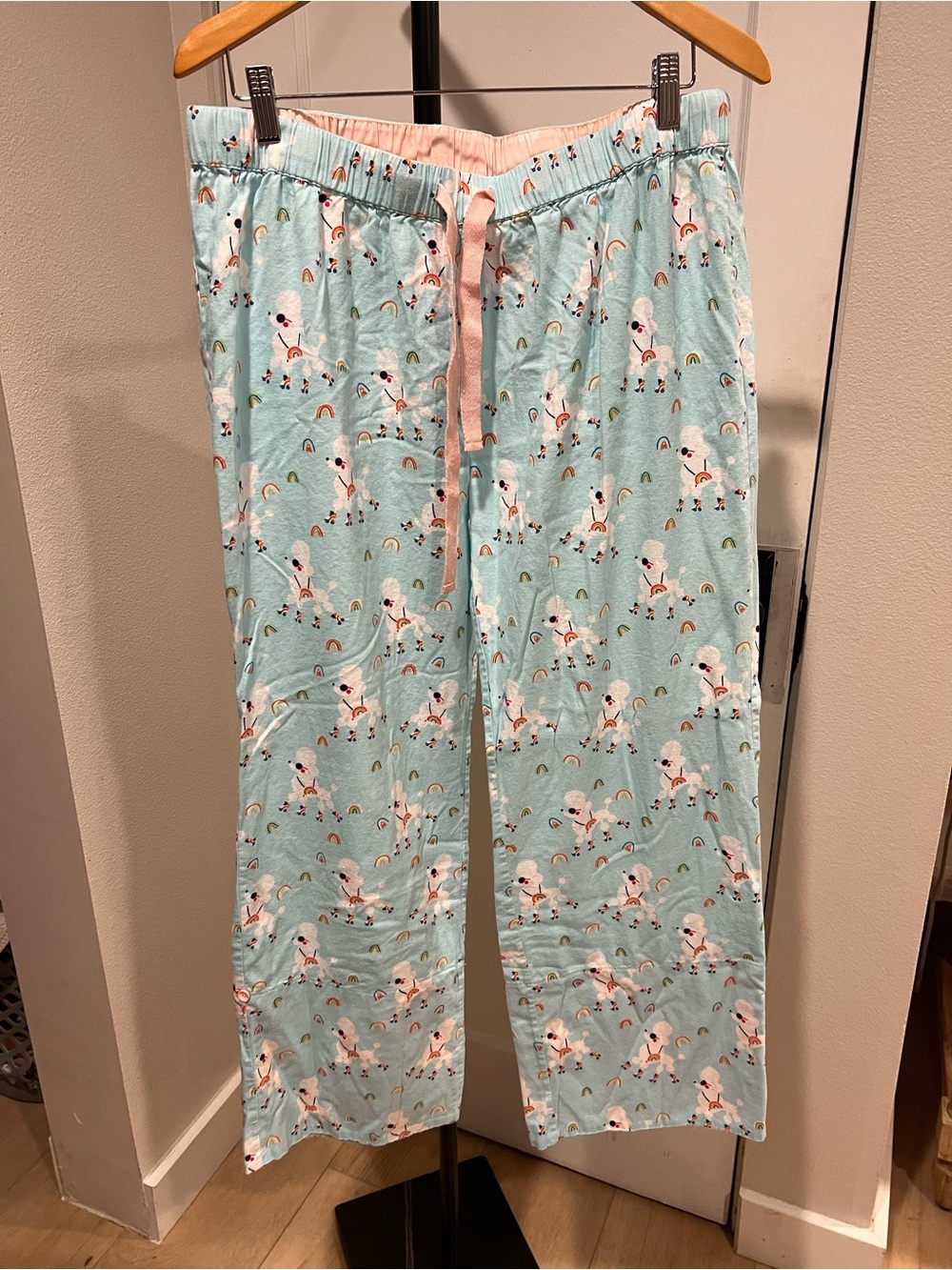 Women’s Light Blue Poodle on skates Pajama Pants with Pink Drawstring